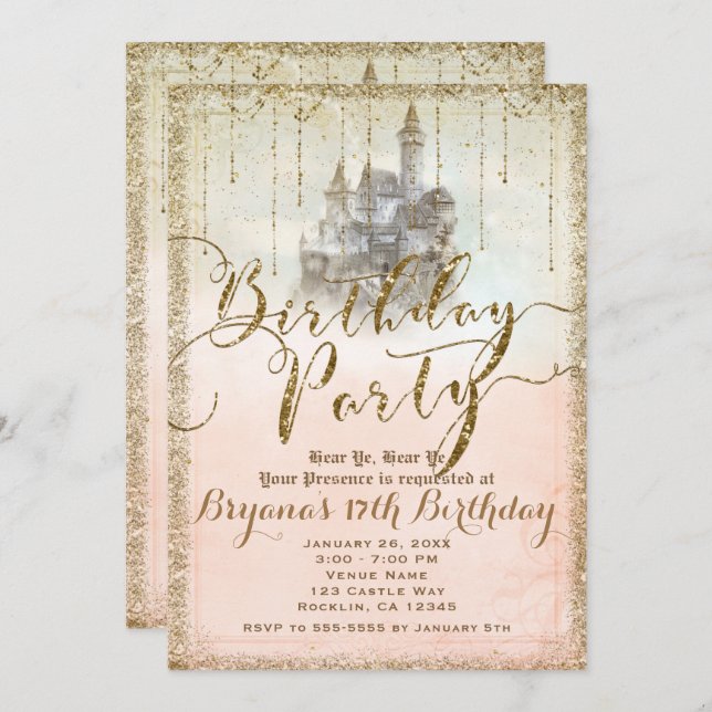 Invitation Parties scintillant d'or Fairytale Storybook Castl (Devant / Derrière)