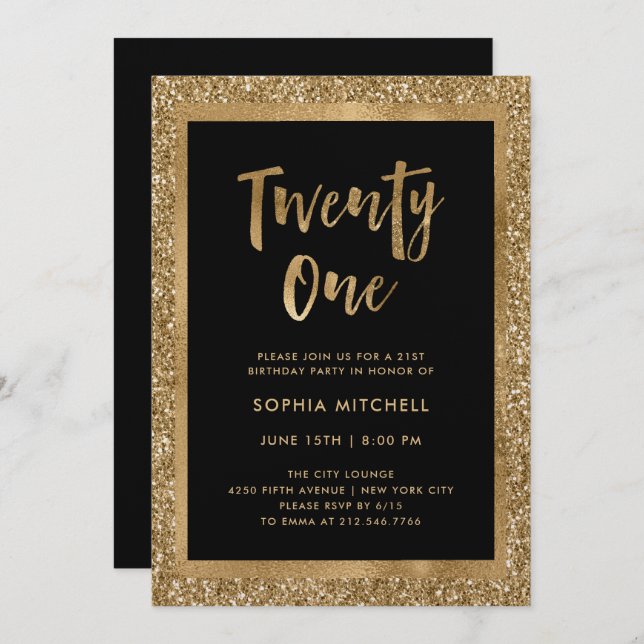 Invitation Parties scintillant d'or Faux | Fête du 21e annive (Devant / Derrière)