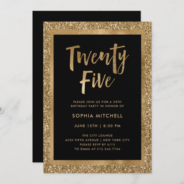 Invitation Parties scintillant d'or Faux | Fête du 25e annive (Devant / Derrière)