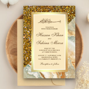 Invitation Parties scintillant d'or Faux Marbre Brown Mariage