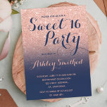 Invitation Parties scintillant d'or faux rose moderne ombre m<br><div class="desc">Une douche à parties scintillant en or faux rose moderne et sombre avec bloc bleu marine Sweet 16 anniversaire invitation avec or rose ombre motif s'estompant sur un arrière - plan bleu marine. Parfait pour un Sweet sixteen princesse,  parfait pour elle,  la fashionista qui aime motif moderne et glam</div>