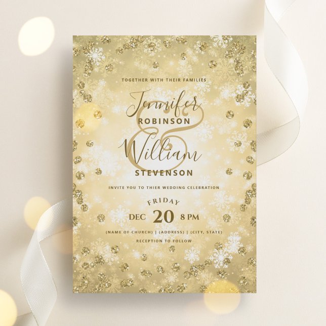 Invitation Parties scintillant d'or festive Élégant mariage d (Festive Gold Glitter Elegant Winter Wedding Invitation)