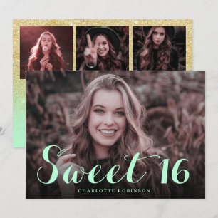 Invitation parties scintillant d'or fillette chic menthe 4 ph