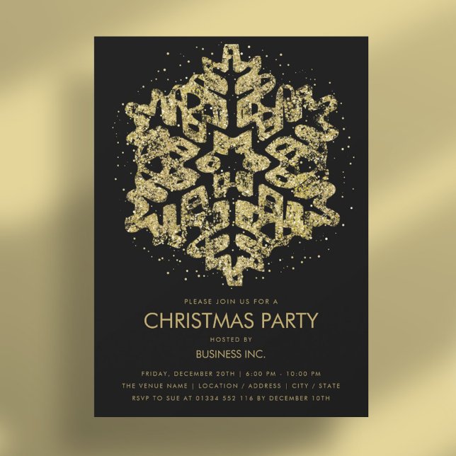 Invitation Parties scintillant d'or Flocon de neige Fête de N (Gold Glitter Snowflake Christmas Party Black Invitation)