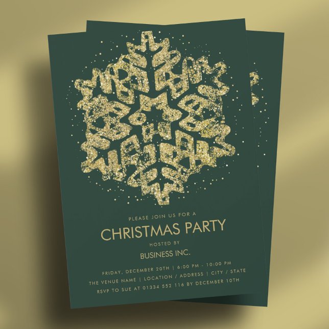 Invitation Parties scintillant d'or Flocon de neige Fête de N (Gold Glitter Snowflake Christmas Party Green Invitation)