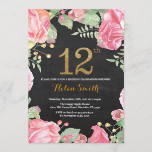 Invitation Parties scintillant d'or Floral 12th Birthday Invi