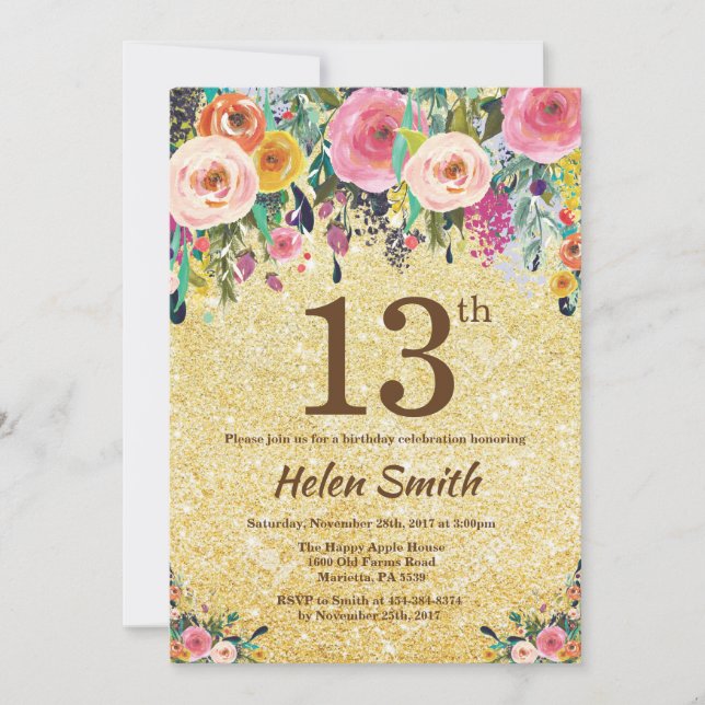 Invitation Parties scintillant d'or Floral 13e anniversaire I (Devant)