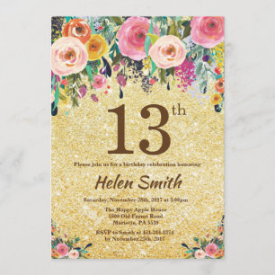 Invitation Parties scintillant d'or Floral 13e anniversaire I