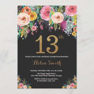 Invitation Parties scintillant d'or Floral 13th Birthday Invi