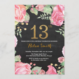 Invitation Parties scintillant d'or Floral 13th Birthday Invi