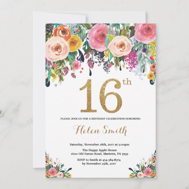 Invitation Parties scintillant d'or Floral 16th Birthday Invi (Devant)