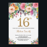 Invitation Parties scintillant d'or Floral 16th Birthday Invi<br><div class="desc">Invitation Florale 16e anniversaire pour les femmes. Fleur florale aquarelle. Parties scintillant d'or. Rose,  Jaune,  Orange,  Fleur Violet.Anniversaire enfant. Anniversaire adolescente de la Ado fille.
Pour plus de personnalisation,  cliquez sur le bouton "Customiser" et utilisez notre outil de conception pour modifier ce modèle.</div>