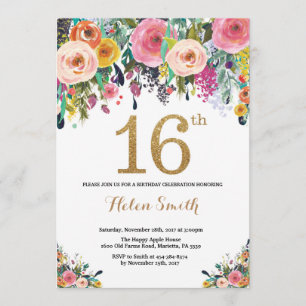 Invitation Parties scintillant d'or Floral 16th Birthday Invi