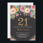 Invitation Parties scintillant d'or Floral 21st Birthday Invi<br><div class="desc">Invitation Florale 21e anniversaire pour les femmes. Fleur florale aquarelle. Parties scintillant noire et or. Rose,  Jaune,  Orange,  Fleur Violet. Anniversaire adulte.
Pour plus de personnalisation,  cliquez sur le bouton "Customiser" et utilisez notre outil de conception pour modifier ce modèle.</div>