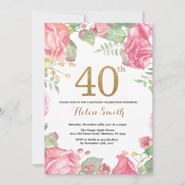 Invitation Parties scintillant d'or Floral 40th Birthday Invi (Devant)