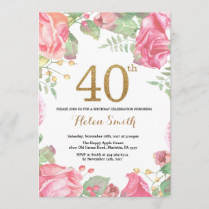 Invitation Parties scintillant d'or Floral 40th Birthday Invi