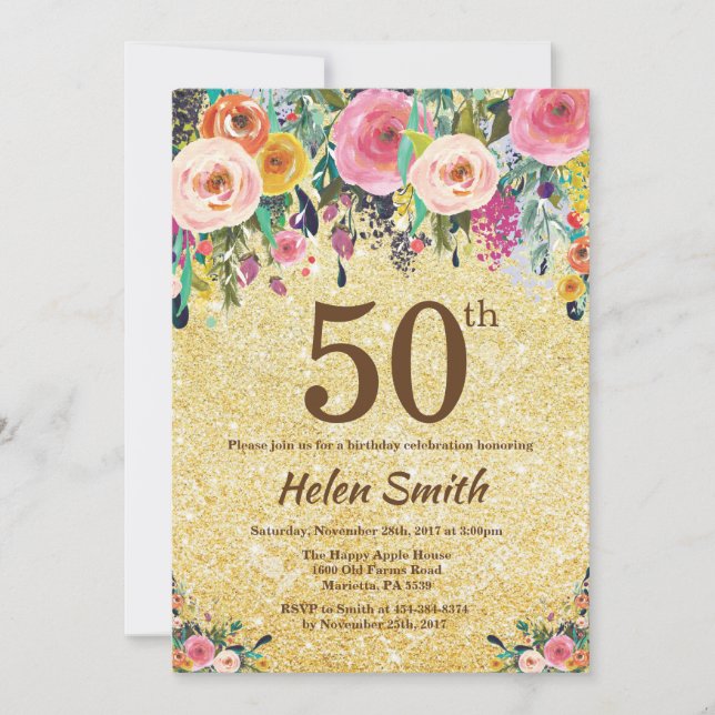 Invitation Parties scintillant d'or Floral 50e anniversaire I (Devant)