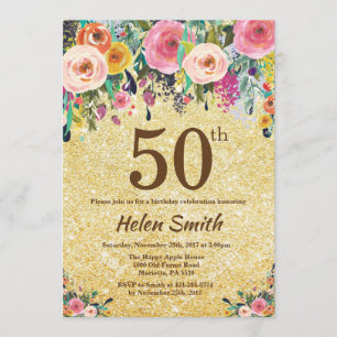 Invitation Parties scintillant d'or Floral 50e anniversaire I