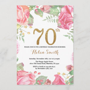 Invitation Parties scintillant d'or Floral 70th Birthday Invi