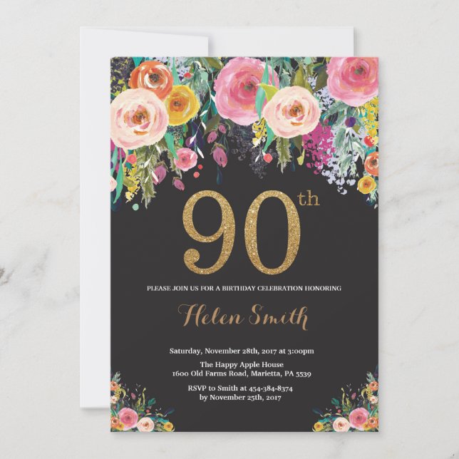 Invitation Parties scintillant d'or Floral 90th Birthday Invi (Devant)