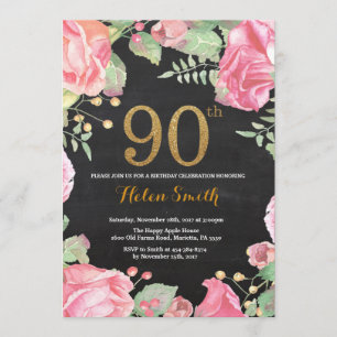 Invitation Parties scintillant d'or Floral 90th Birthday Invi