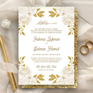 Invitation Parties scintillant d'or floral ivoire Mariage mus