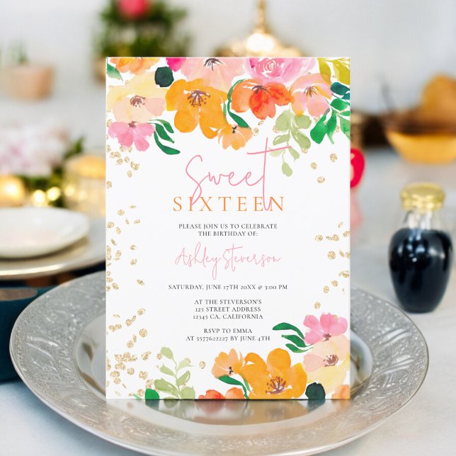 Invitation Parties scintillant d'or floral photo botanique Sw (Gold glitter floral photo botanical Sweet 16 Invitation)