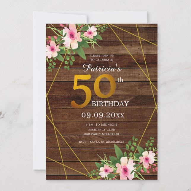 Invitation Parties scintillant d'or floral rose bois rustique (Devant)