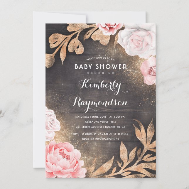 Invitation Parties scintillant d'or Floral Rustic Country Bab (Devant)