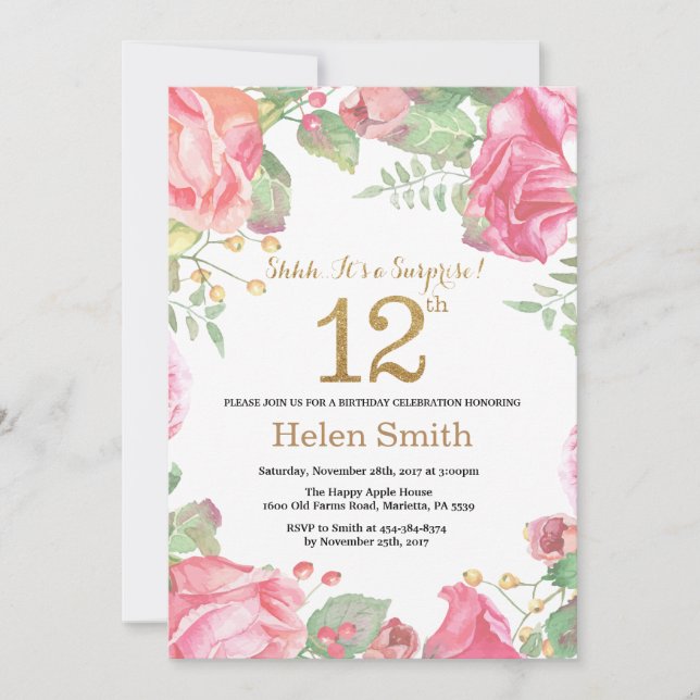 Invitation Parties scintillant d'or Floral Surprise 12e anniv (Devant)