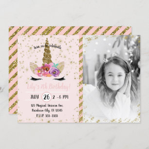 Invitation Parties scintillant d'or Floral Unicorn Horn Birth