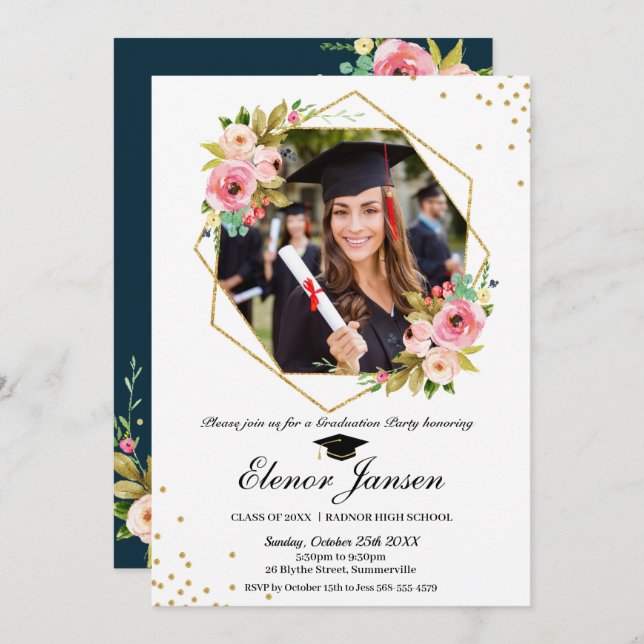 Invitation Parties scintillant d'or géométrique florale - pho (Devant / Derrière)