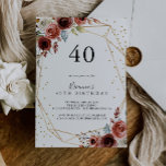 Invitation Parties scintillant d'or géométrique Printemps 40e<br><div class="desc">Cette parties scintillant d'or géométrique printemps 40e anniversaire invitation est parfait pour une simple fête d'anniversaire. Le design est composé de belles fleurs peintes à la main rose,  rousse,  bleue et bordeaux,  associées à un feuillage vert,  qui ornent un cadre de parties scintillant en or géométrique.</div>