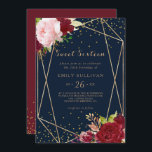 Invitation Parties scintillant d'or géométrique Rouge 16e ann<br><div class="desc">Cette parties scintillant géométrique or rouge sweet sixteen d'anniversaire invitation est parfait pour un anniversaire moderne. Le design artistique bordo marsala présente des roses d'aquarelle,  verts,  roses,  bordeaux et roux assortis de verdure soigneusement disposés autour de cadres d'or géométriques dans un bouquet de fleurs gracieux et radieux.</div>