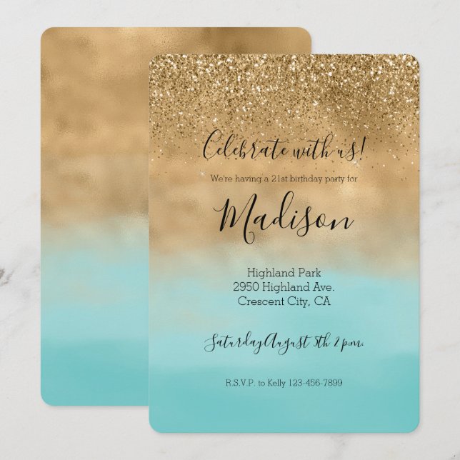 Invitation Parties scintillant d'or Girl Aqua Watercolor (Devant / Derrière)