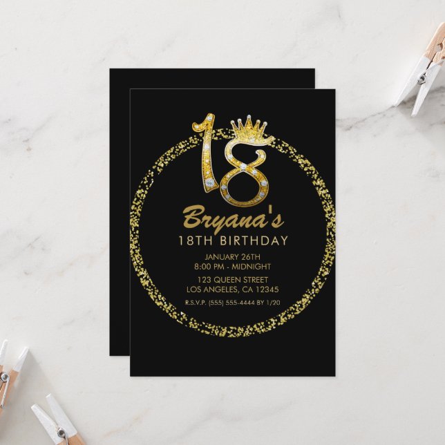Invitation Parties scintillant d'or Glam Diamond Bling Sparkl (Devant/Arrière en situation)
