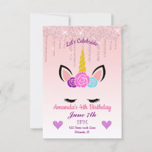 Invitation Parties scintillant d'or goutte florale licorne An
