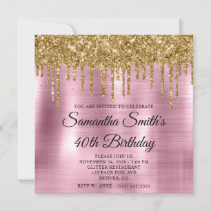 Invitation Parties scintillant d'or gouttes rose huile 40e an