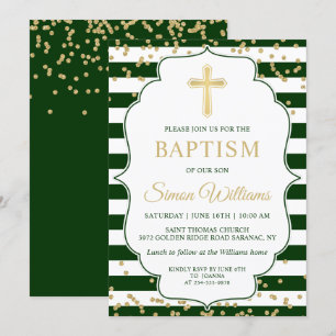 Invitation Parties scintillant d'or Green Stripes Boy Baptism
