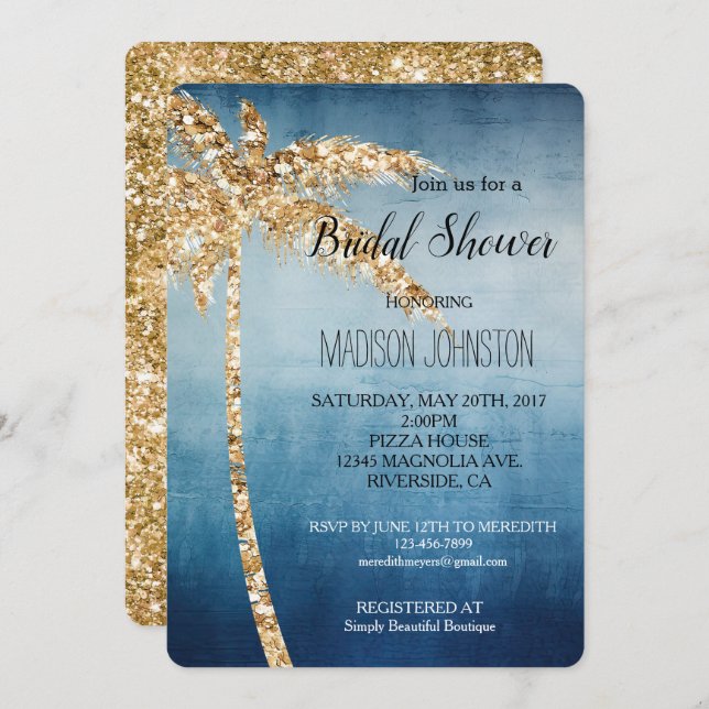 Invitation Parties scintillant d'or gris bleu Palm Tree Fête  (Devant / Derrière)