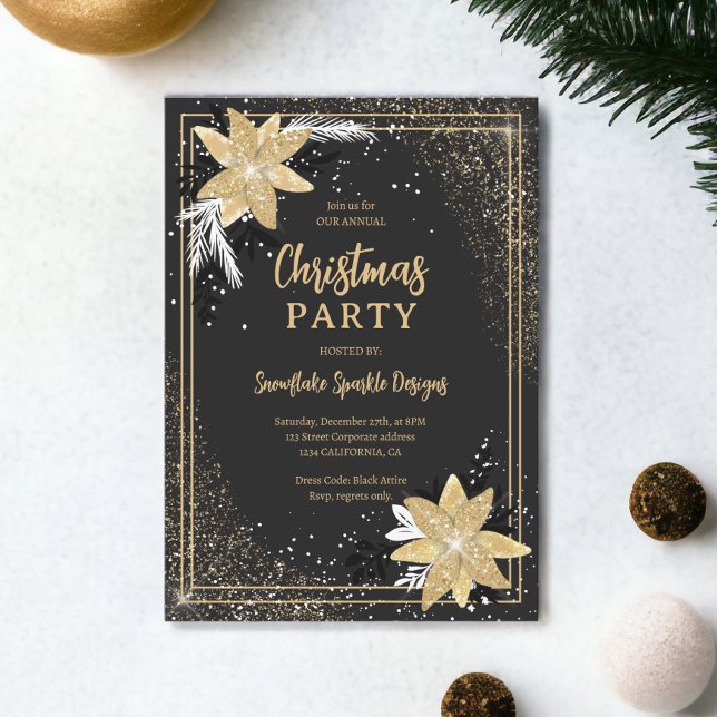 Invitation Parties scintillant d'or gris floral Entreprise No (Gold glitter floral gray Corporate Christmas Invitation)