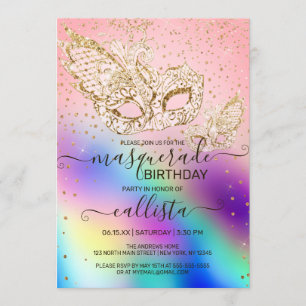 Invitation Parties scintillant d'or Holographie Masquerade An