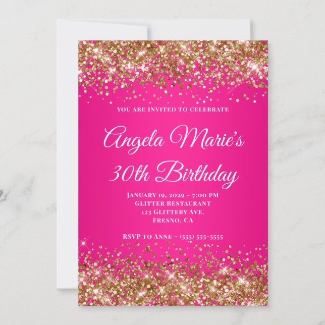 Invitation Parties scintillant d'or Hot rose Fancy Monogramme (Devant)