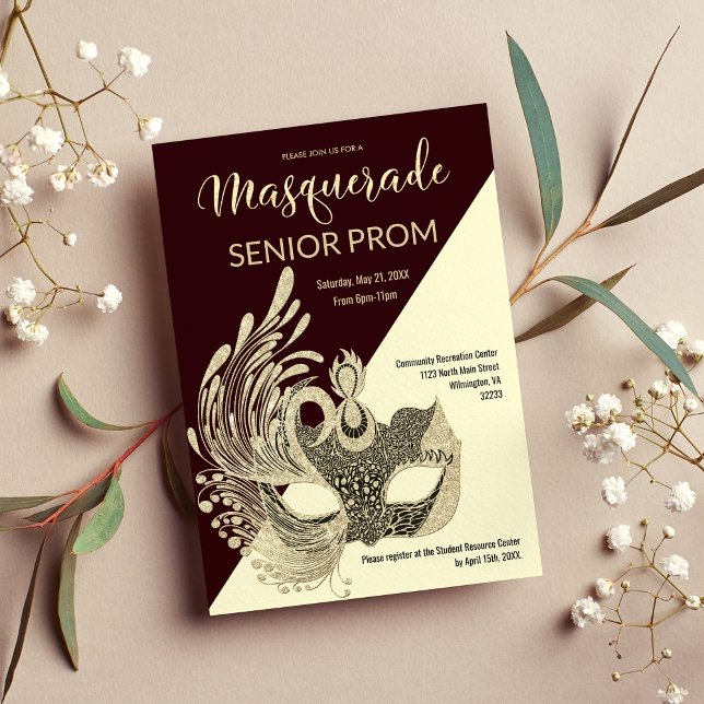 Invitation Parties scintillant d'or ivoire de Bourgogne Masqu (Burgundy Ivory Gold Glitter Masquerade Prom)