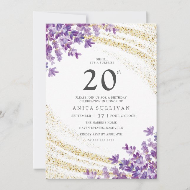 Invitation Parties scintillant d'or Lavender Floral Vingt-dix (Devant)