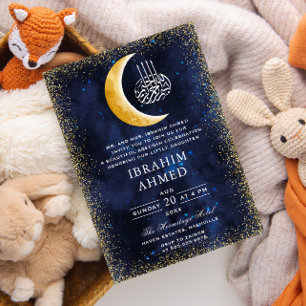 Invitation Parties scintillant d'or Lune Aquarelle Espace isl