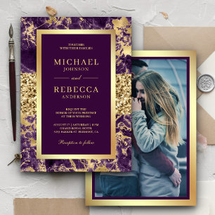 Invitation Parties scintillant d'or Marbre violet Mariage pho