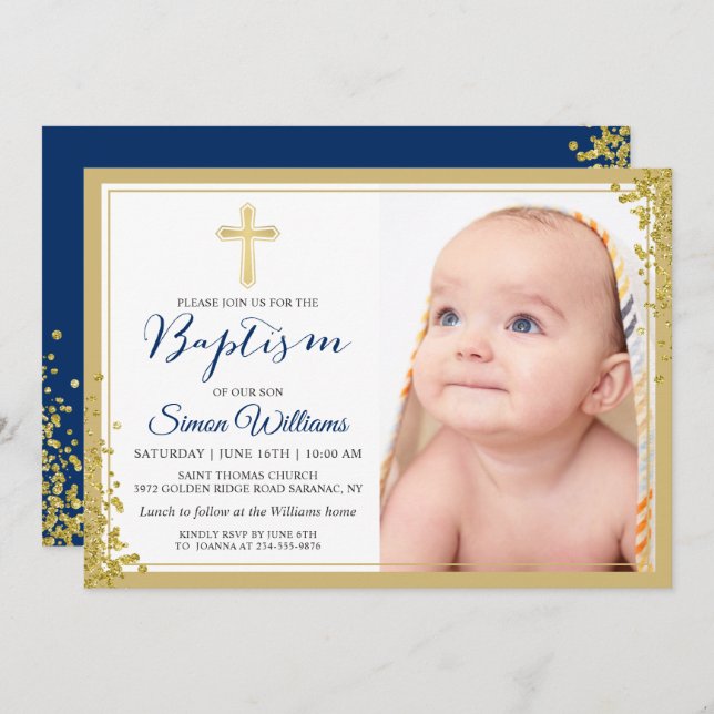 Invitation Parties scintillant d'or Marine Bleu Garçon Baptêm (Devant / Derrière)