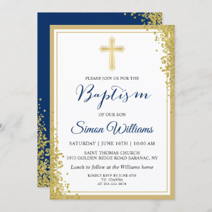 Invitation Parties scintillant d'or Marine Blue Boy Baptême I