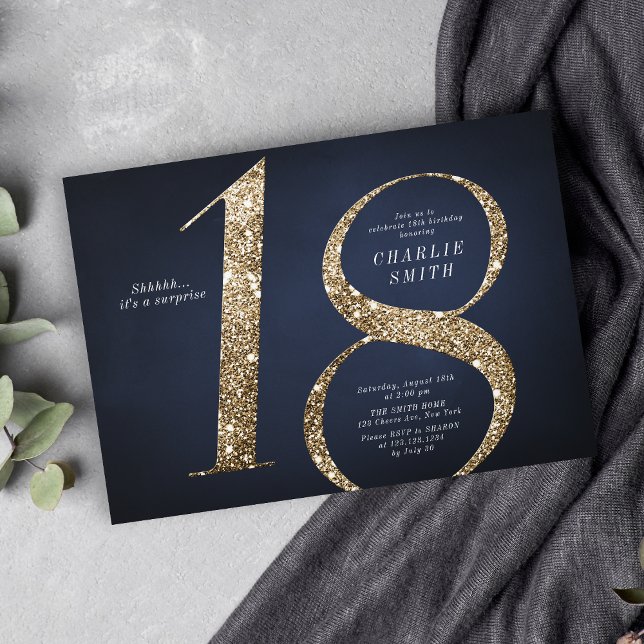 Invitation Parties scintillant d'or marine minimaliste modern (Modern minimalist navy gold glitter 18th birthday invitation)